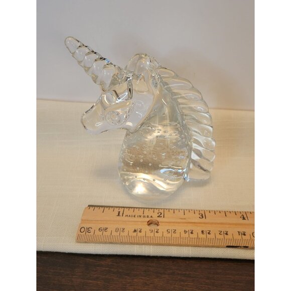 Handcrafted Clear Glass Unicorn Figurine Paperweight Controlled Bubbles 4" Tall - Picture 6 of 7